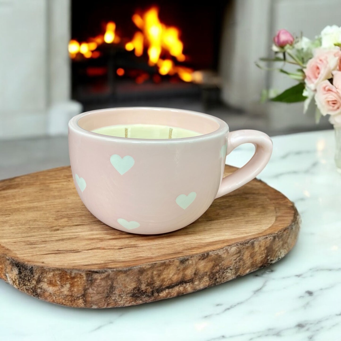Pink w/ White Hearts Mug Candle | strawberry + poundcake