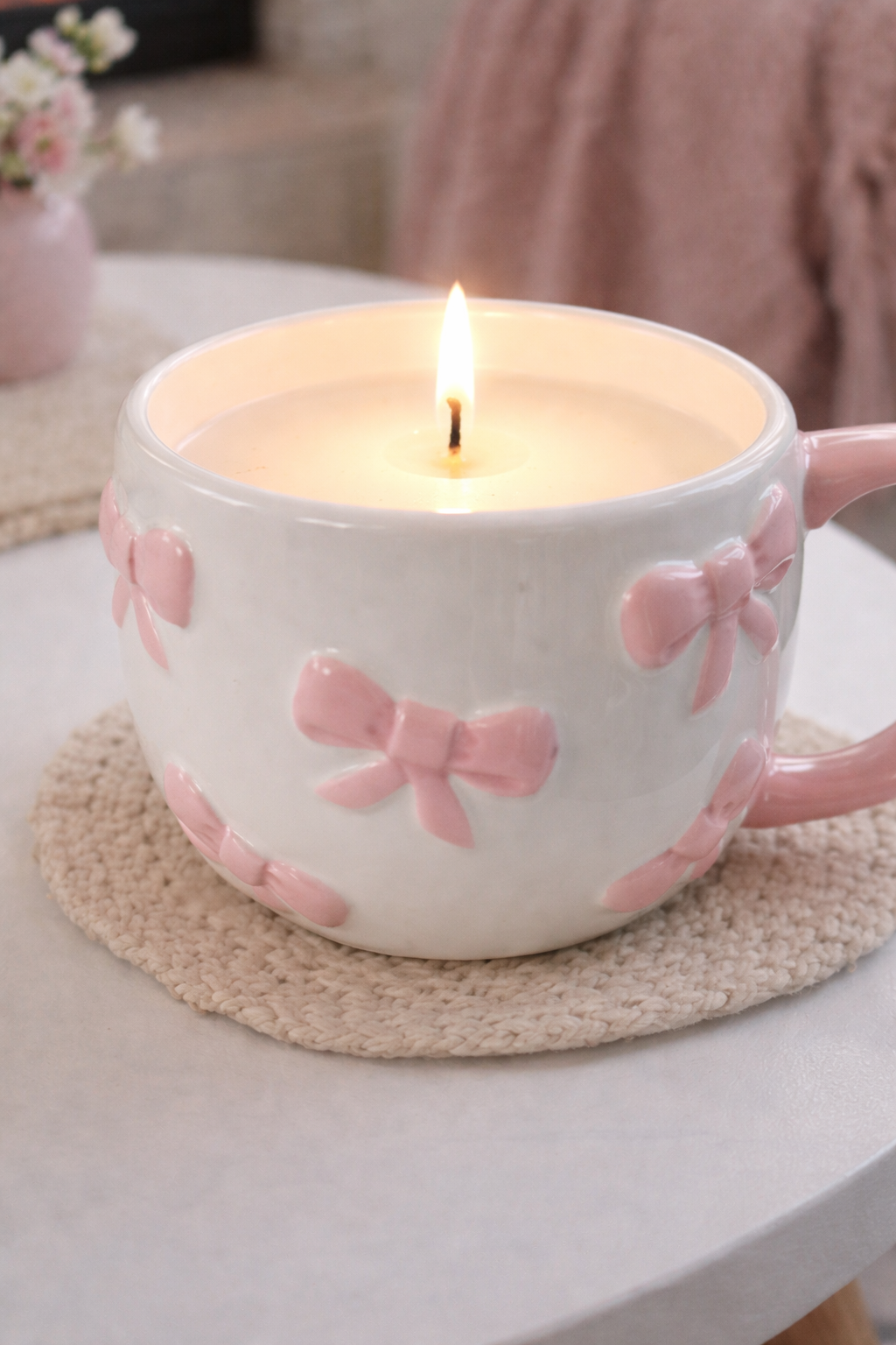Pink Bow Mug Candle | berry bouquet