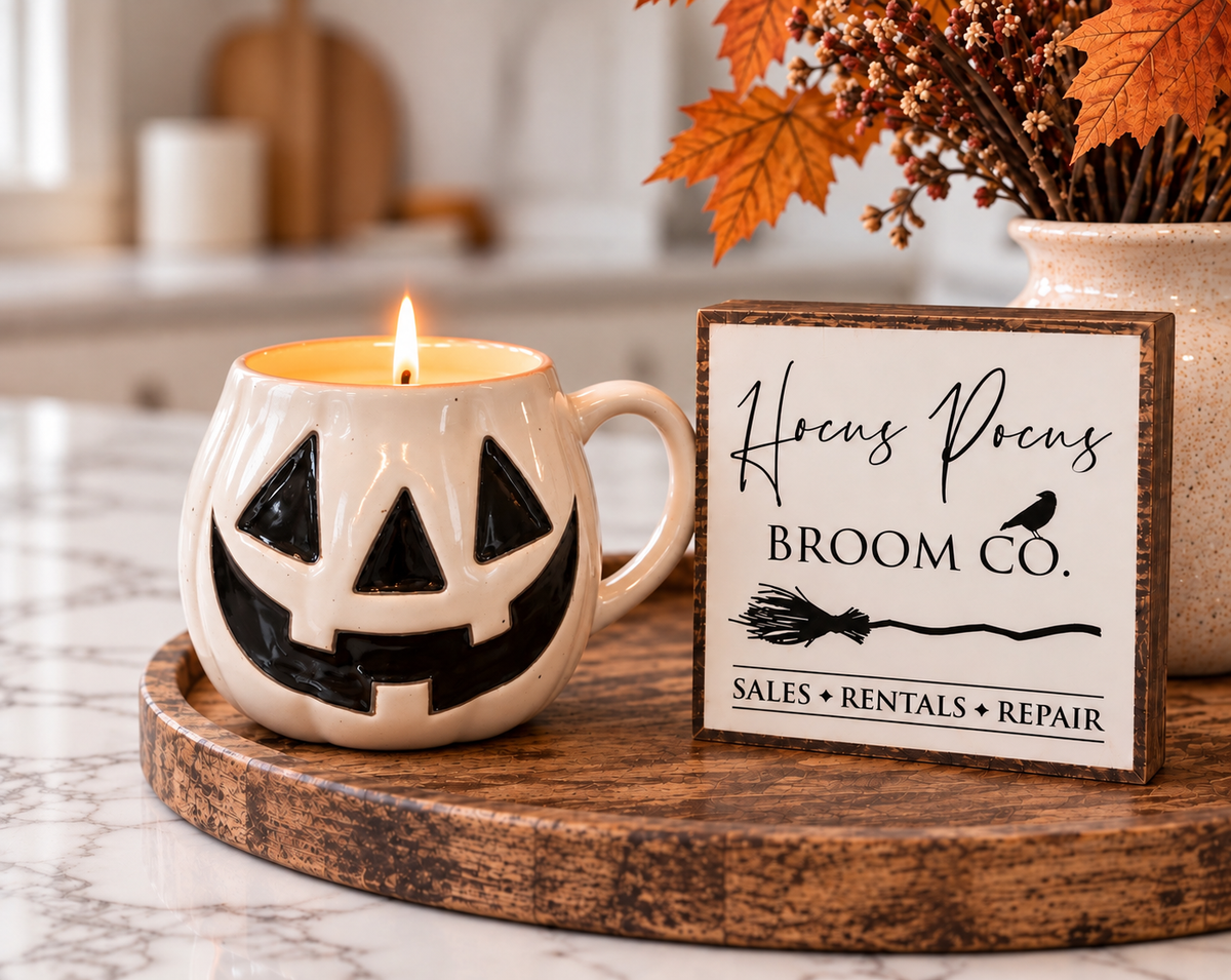Jack-O-Lantern Mug Candle | All Hollows Eve - roasted pumpkin, aged oak, vanilla