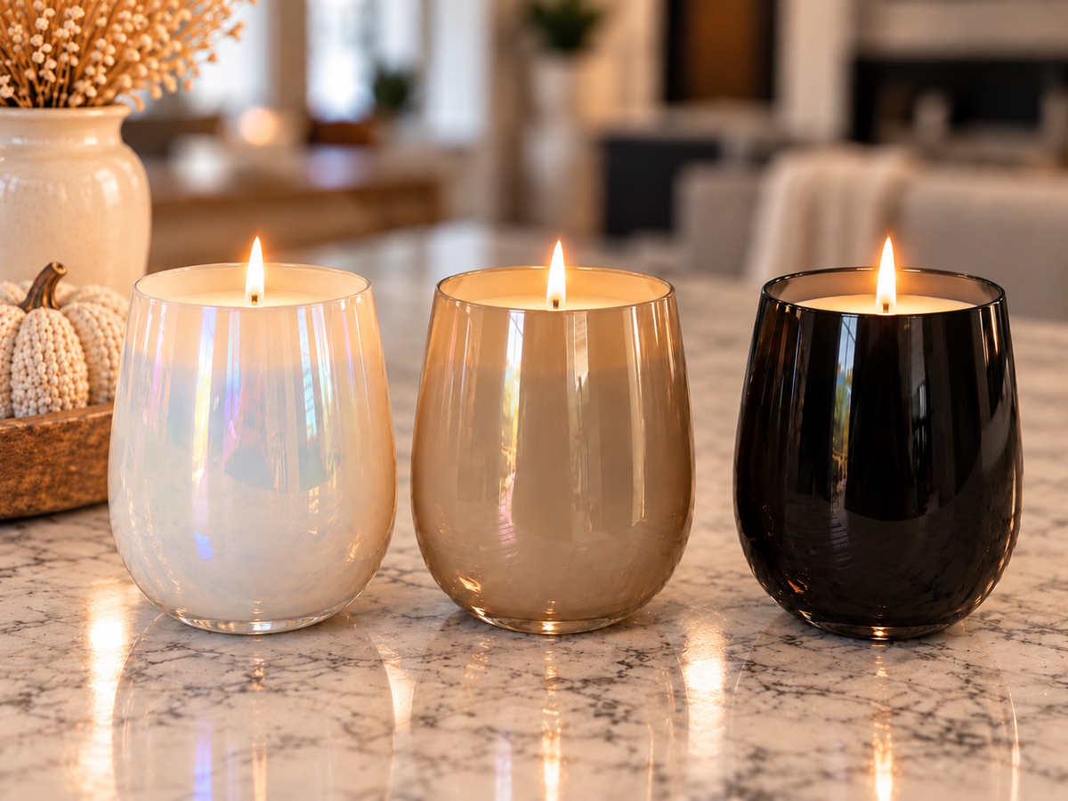Iridescent Iced Coffee Stemless Candle | Falling Leaves - cedar leaf, spiced apple, pine