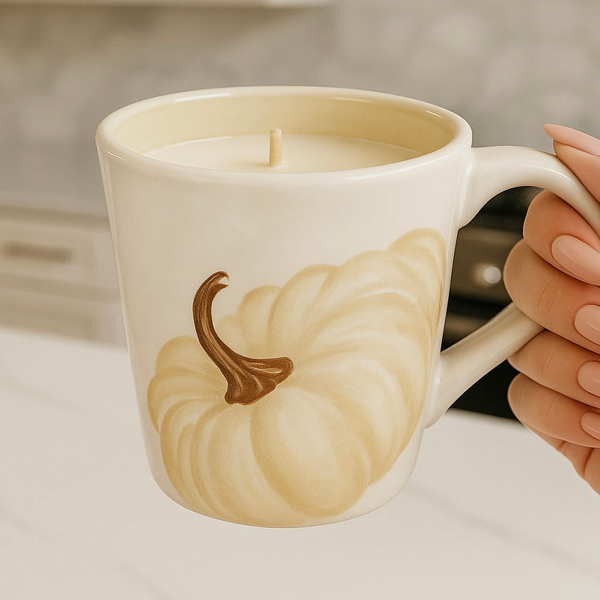 Neutral Fall Pumpkin Mug Candle | cedar leaf | spiced apple | pine