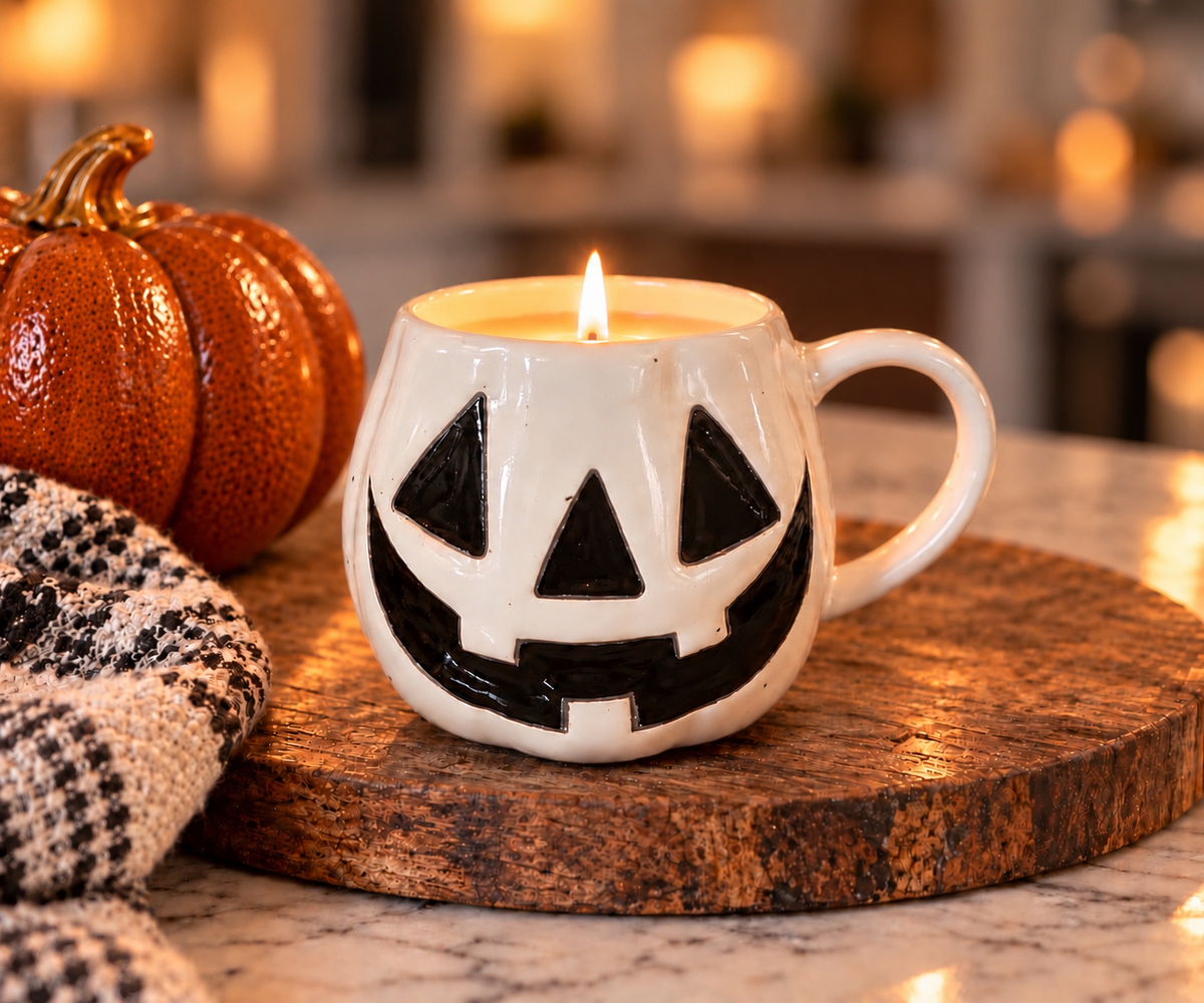 Jack-O-Lantern Mug Candle | All Hollows Eve - roasted pumpkin, aged oak, vanilla