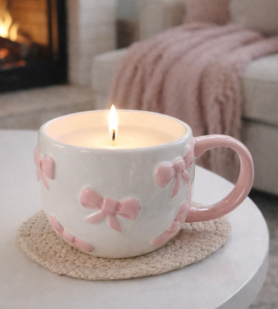 Pink Bow Mug Candle | spiced winter tea