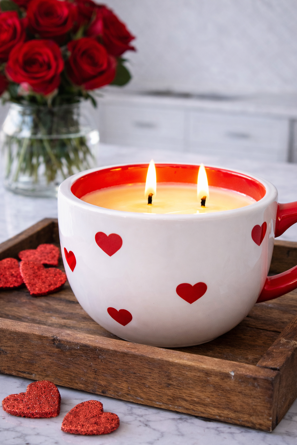 White w/ Red Hearts Mug Candle | strawberry + poundcake
