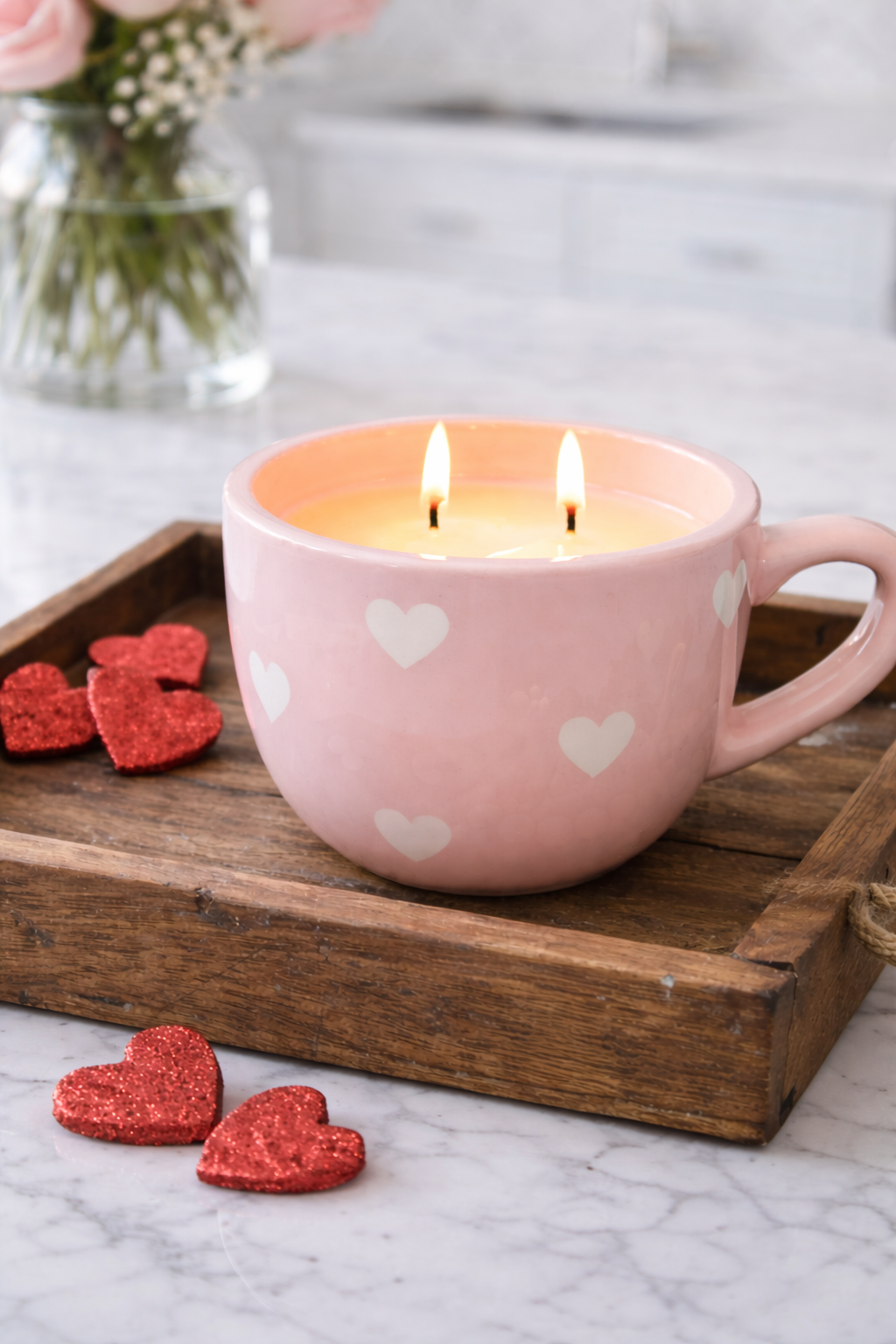 Pink w/ White Hearts Mug Candle | strawberry + poundcake