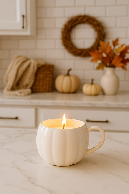 White Pumpkin Mug Candle | falling leaves