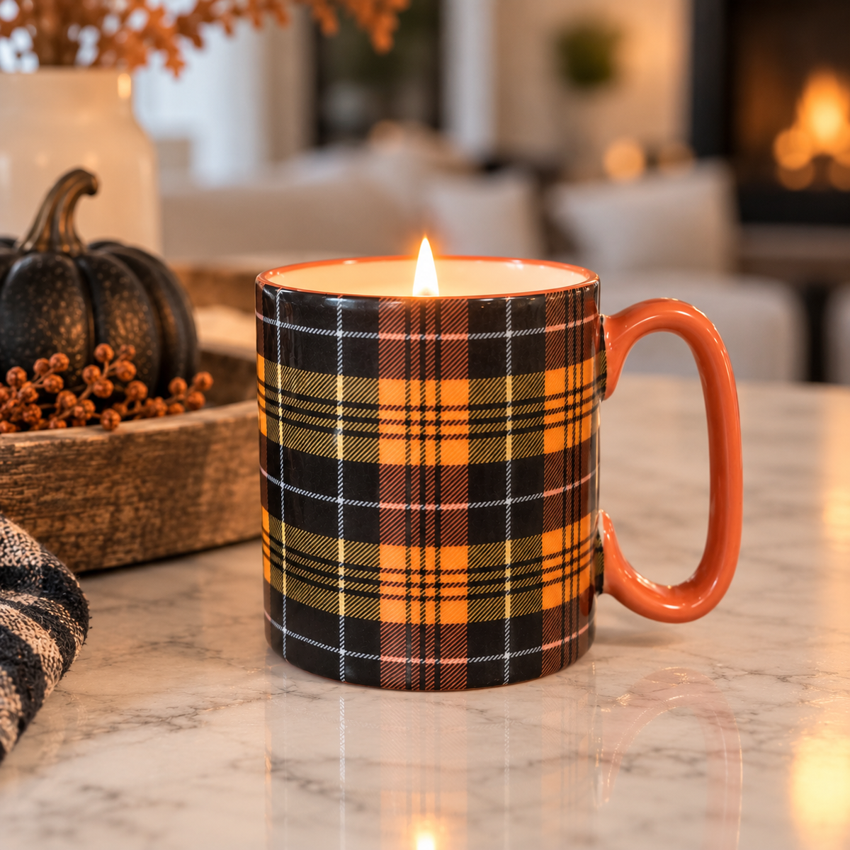 Halloween Houndstooth Mug Candle | Blazing Bonfire - cedar, smoke & toasted vanilla