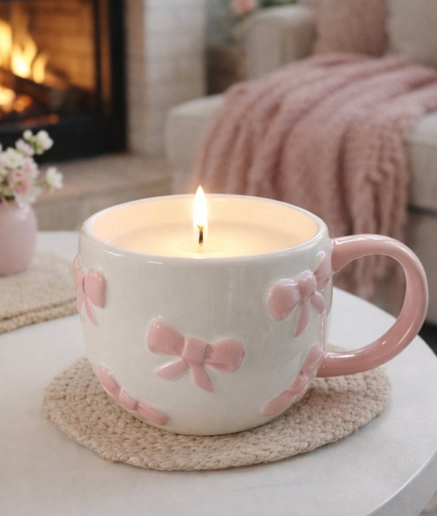 Pink Bow Mug Candle | spiced winter tea
