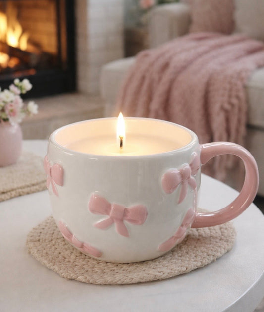 Pink Bow Mug Candle | spiced winter tea