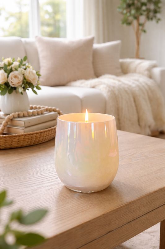 Iridescent Pearl White Stemless Candle | spun sugar + raspberry + vanilla musk
