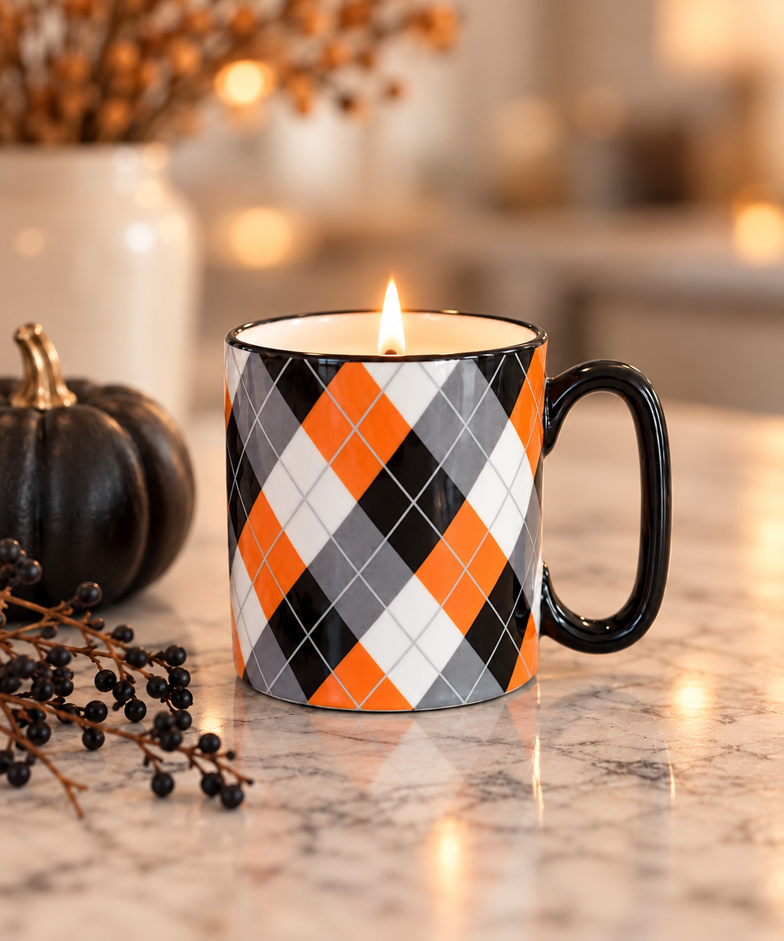 Halloween Argyle Plaid Mug Candle | Cozy Cashmere - white musk, cedar wood & vanilla