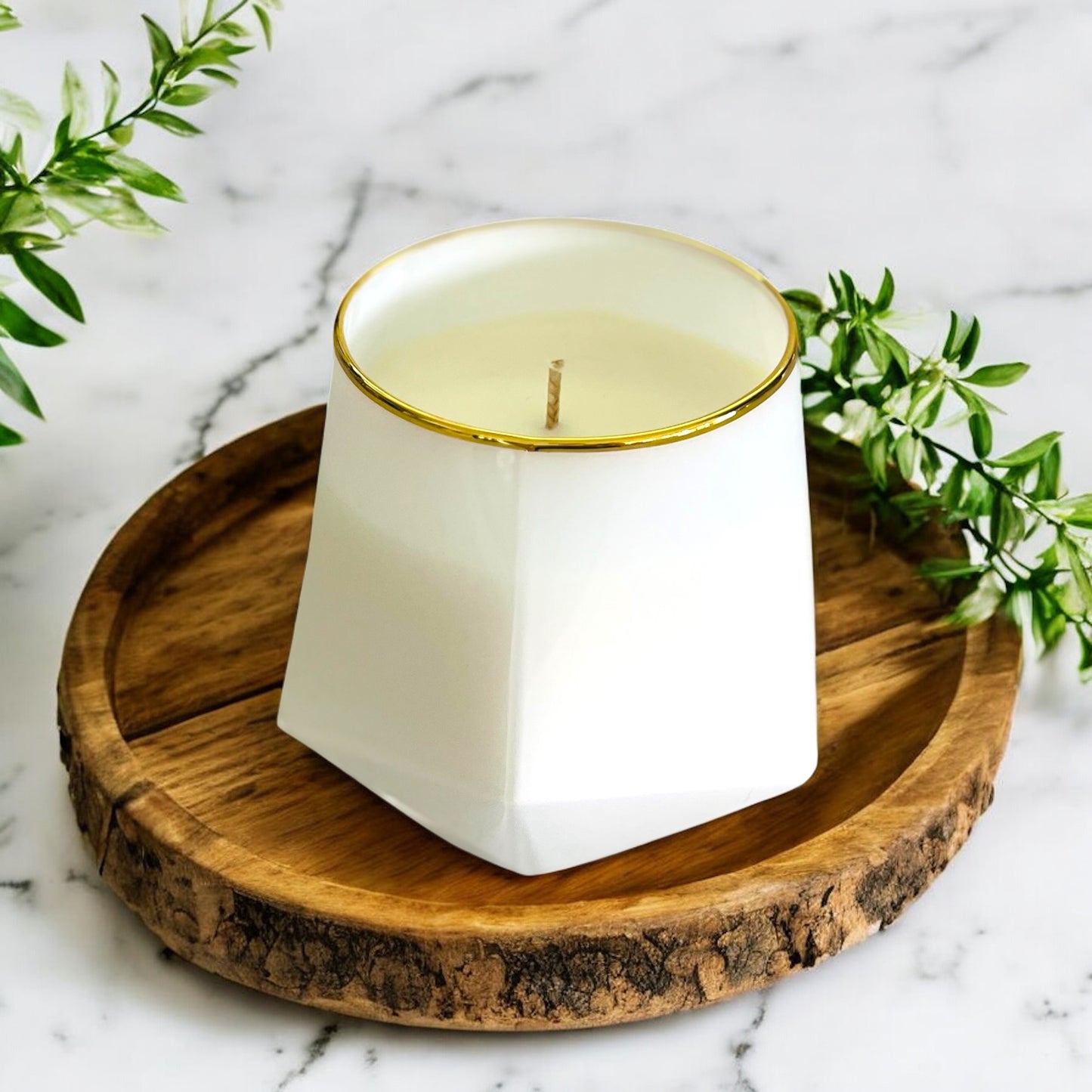 Luxe White + Gold Trim Stemless Candle | sea salt & orchid