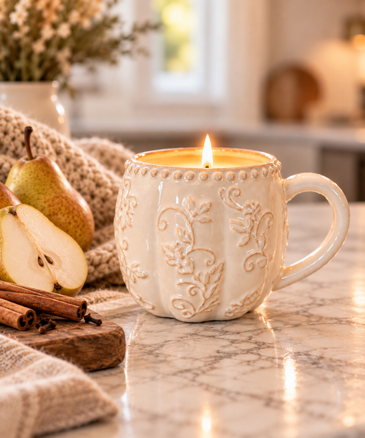 Decorative White Pumpkin Mug Candle | Honey Spiced Pear - juicy pear, cinnamon spice & sweet honey