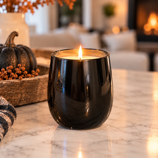 Iridescent Black Stemless Candle | Haunted Mansion - palo santo, amber, leather
