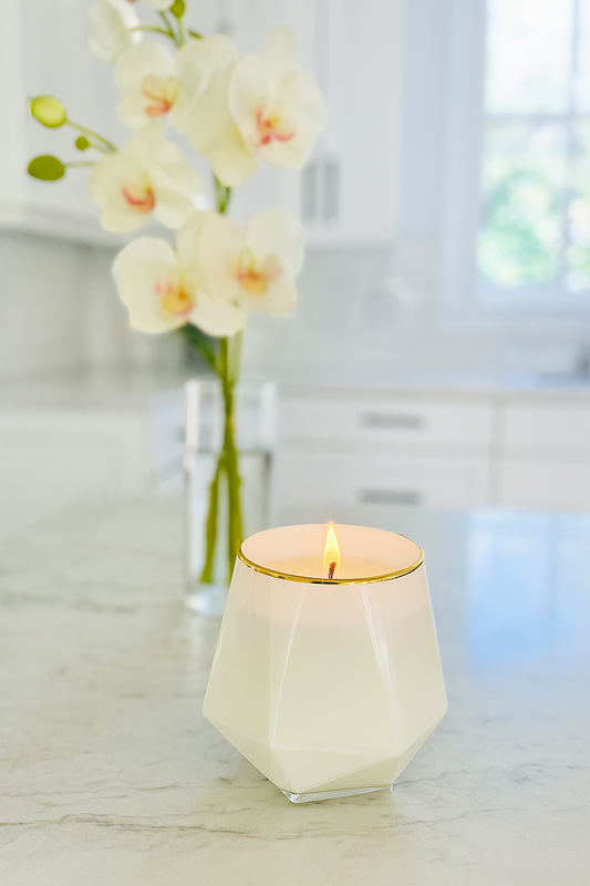 Luxe White + Gold Trim Stemless Candle | sea salt & orchid