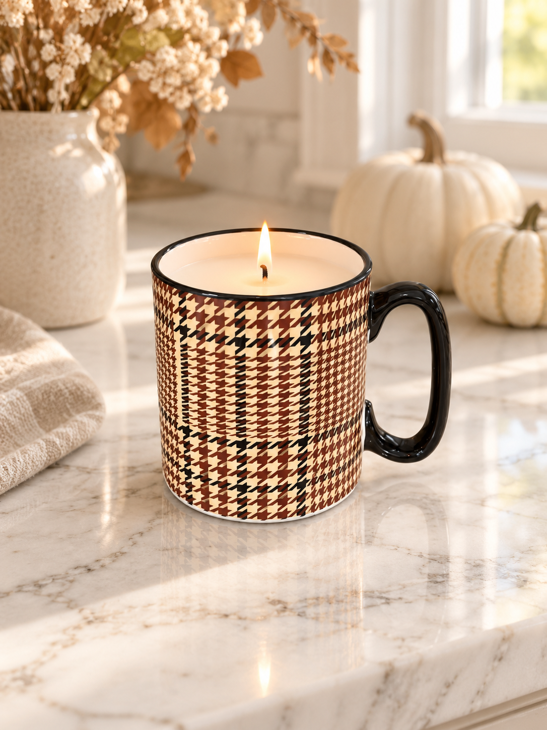 Fall Houndstooth Plaid Mug Candle | Everlasting Autumn - sandalwood, autumn spices & fresh fig
