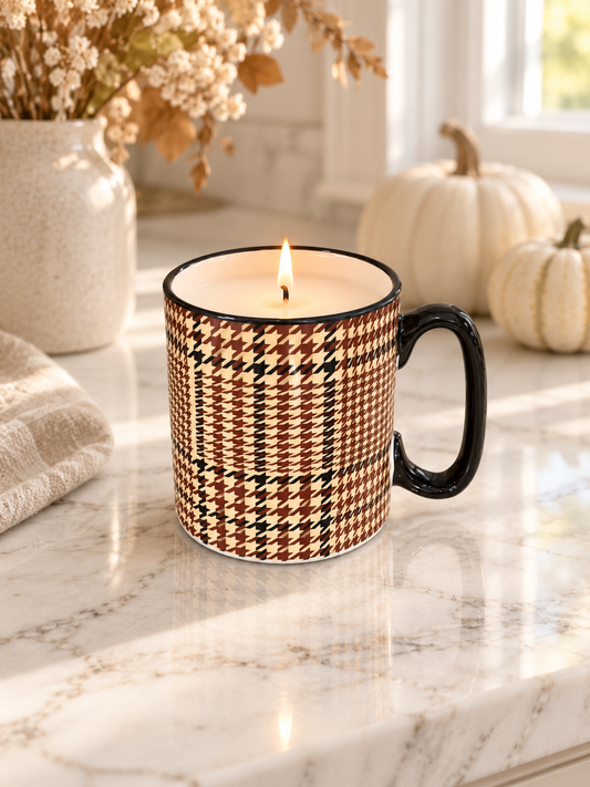 Fall Houndstooth Plaid Mug Candle | Everlasting Autumn - sandalwood, autumn spices & fresh fig