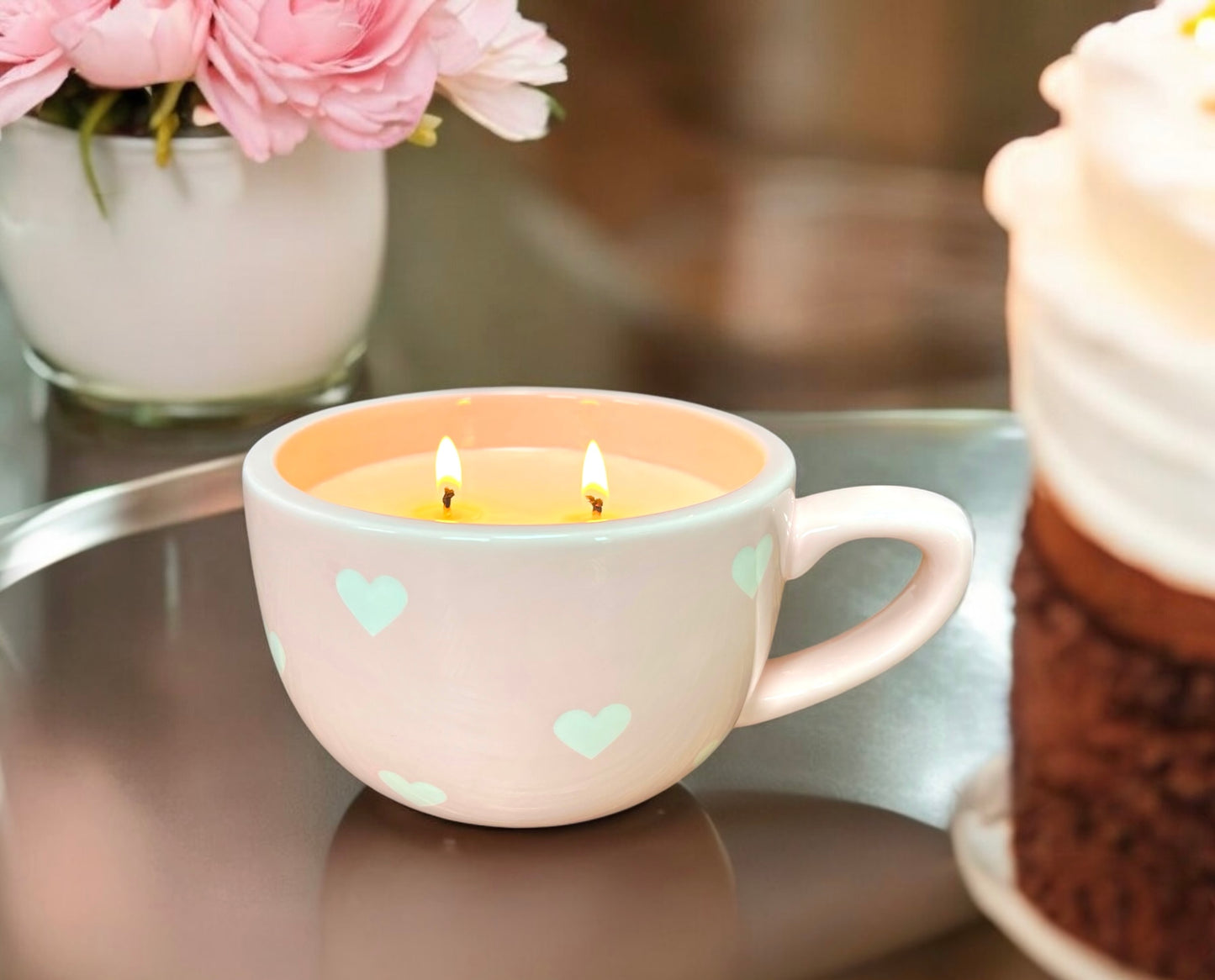 Pink w/ White Hearts Mug Candle