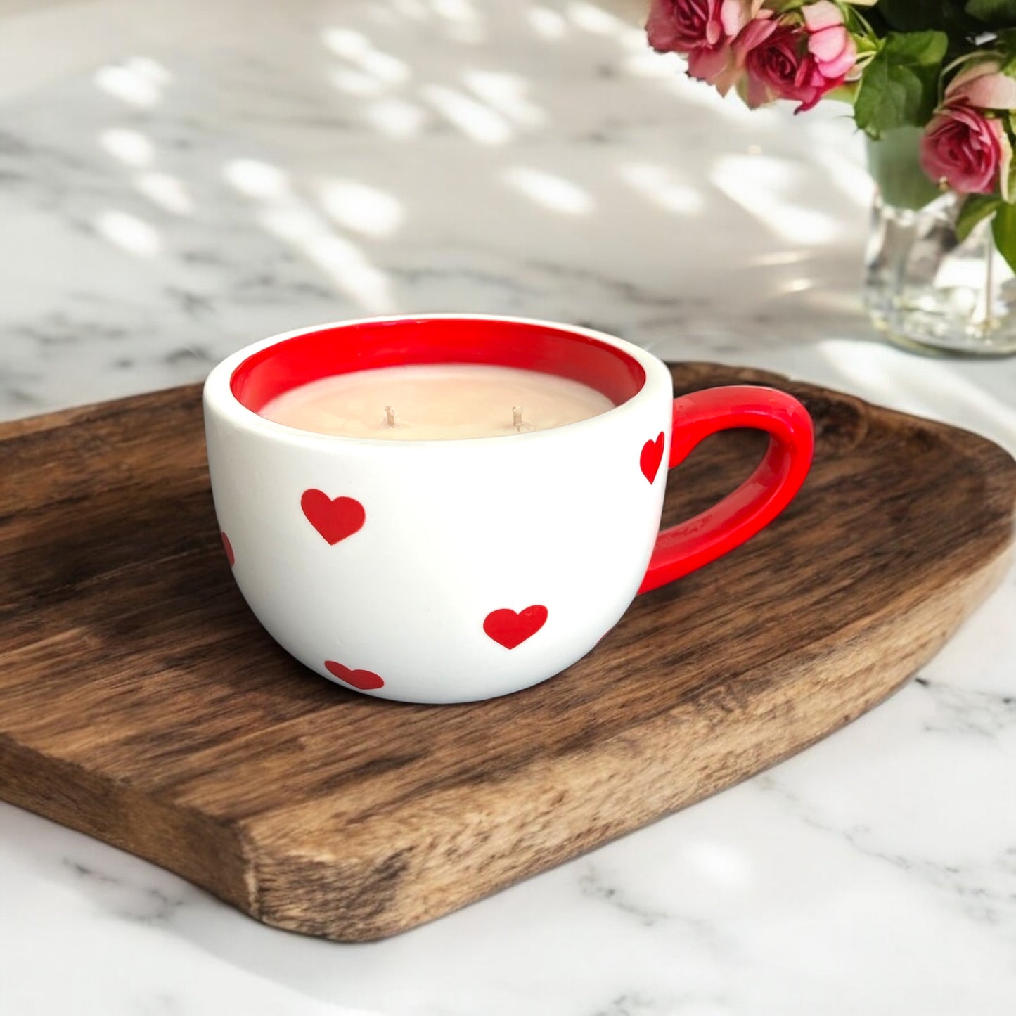 White w/ Red Hearts Mug Candle