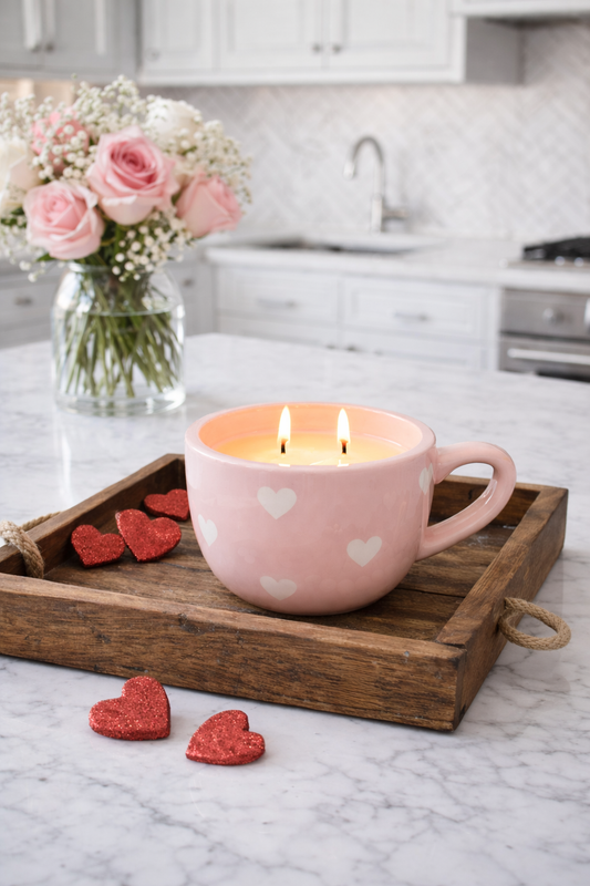 Pink w/ White Hearts Mug Candle | strawberry + poundcake