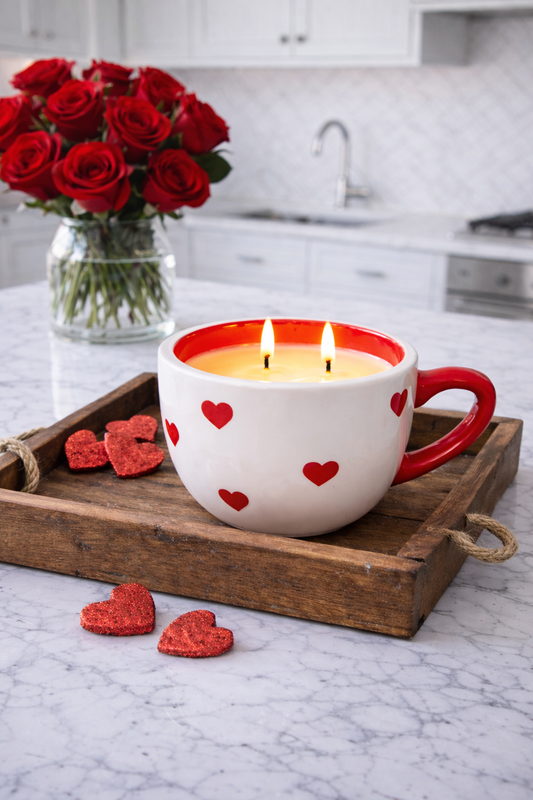 White w/ Red Hearts Mug Candle | strawberry + poundcake