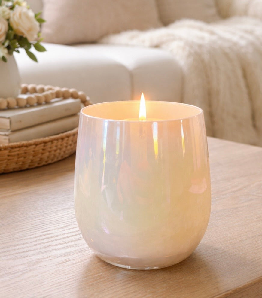 Iridescent Pearl White Stemless Candle | spun sugar + raspberry + vanilla musk